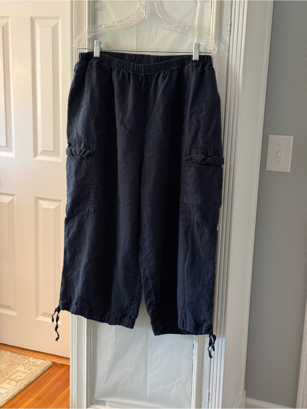 Flax Linen Navy Elastic Waist Pull-On Cargo Pants Size 2G